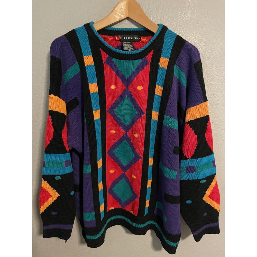 Vintage IB Diffusion Sweater Mens Large Multicolor Geometric Knit Dopamine 1989